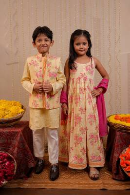 Yellow block printed crepe & cotton kurta set & kurta jacket brother sister matching combo 1
