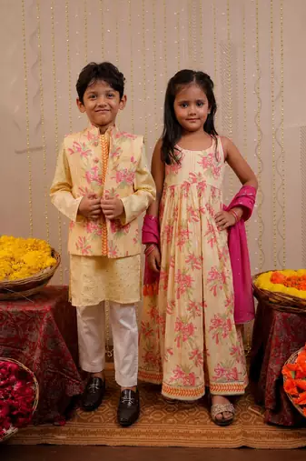 Yellow block printed crepe & cotton kurta set & kurta jacket brother sister matching combo