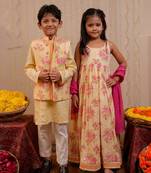 Yellow block printed crepe & cotton kurta set & kurta jacket brother sister matching combo