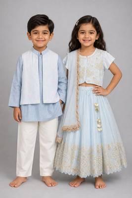 Blue embroidered organza & tissue lehenga choli & kurta jacket brother sister matching combo 1