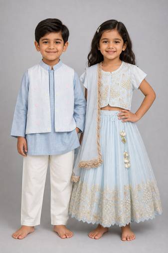 Blue embroidered organza & tissue lehenga choli & kurta jacket brother sister matching combo