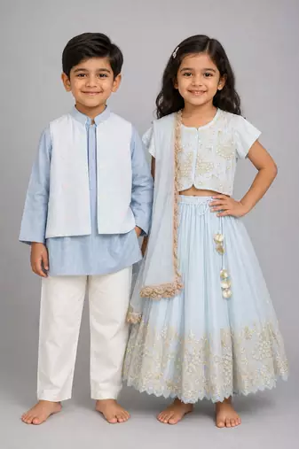 Blue embroidered organza & tissue lehenga choli & kurta jacket brother sister matching combo