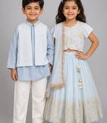 Blue embroidered organza & tissue lehenga choli & kurta jacket brother sister matching combo