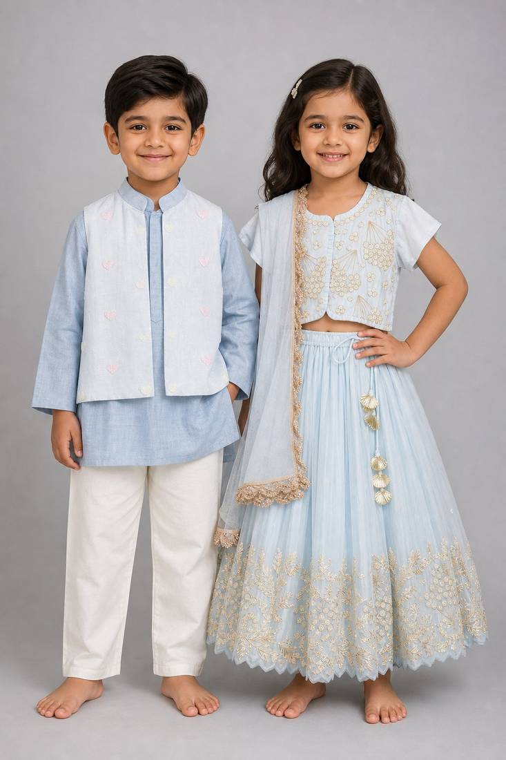 Blue embroidered organza & tissue lehenga choli & kurta jacket brother sister matching combo