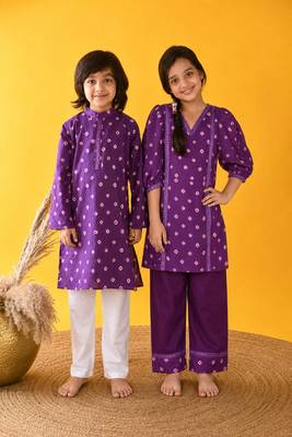 Purple printed silk & cotton palazzo set & kurta pyjama brother sister matching combo 1