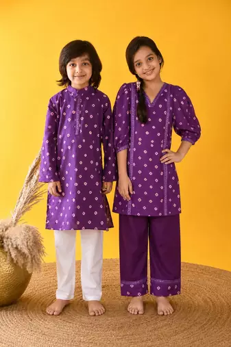 Purple printed silk & cotton palazzo set & kurta pyjama brother sister matching combo