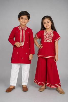 Red embroidered silk palazzo set & kurta pyjama brother sister matching combo 1