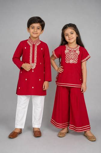 Red embroidered silk palazzo set & kurta pyjama brother sister matching combo