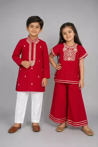 Red embroidered silk palazzo set & kurta pyjama brother sister matching combo