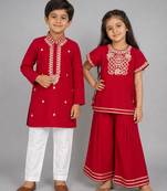 Red embroidered silk palazzo set & kurta pyjama brother sister matching combo