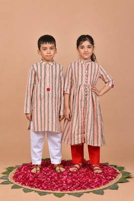 Peach printed cotton ethnic set & kurta pant brother sister matching combo 1