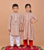 Peach printed cotton ethnic set & kurta pant brother sister matching combo