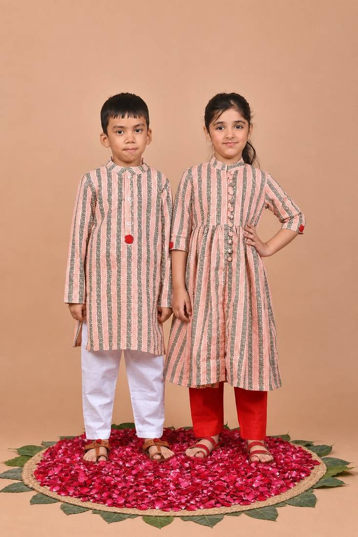 Peach printed cotton ethnic set & kurta pant brother sister matching combo