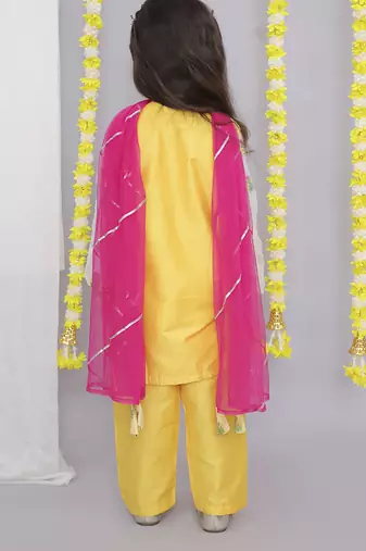 Mustard & white embroidered chanderi kurta set & kurta pant brother sister matching combo