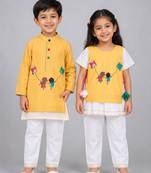 Yellow & white embroidered & printed cotton silk frock & kurta pyjama brother sister matching combo