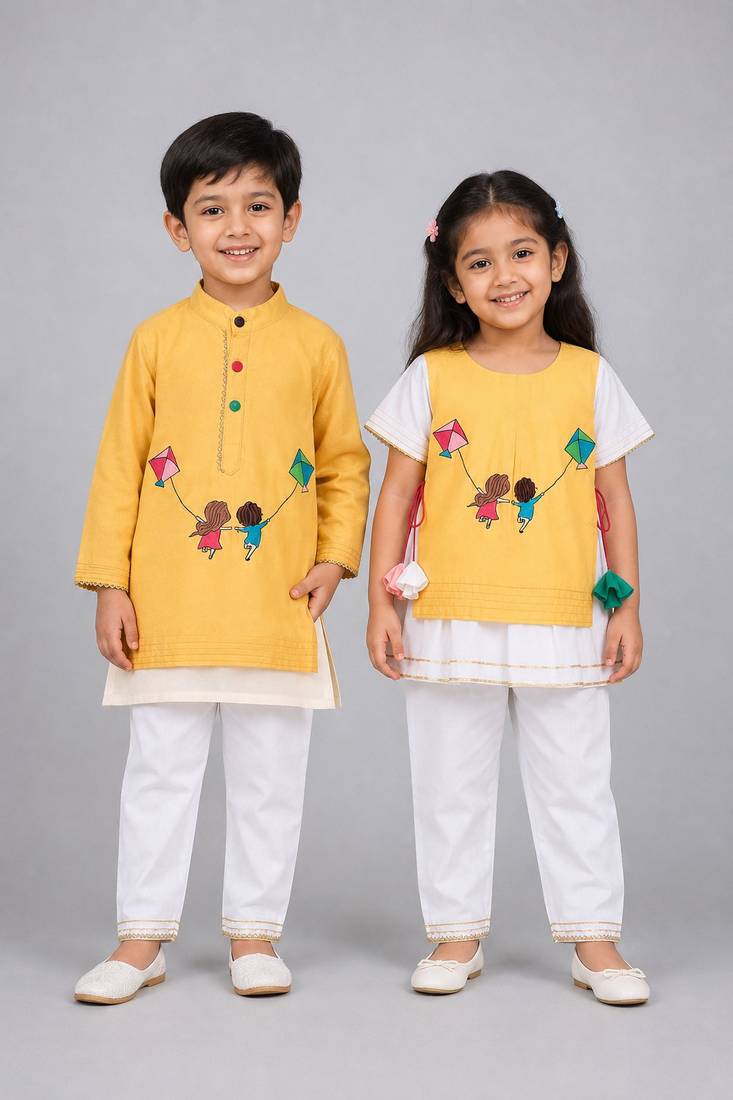 Yellow & white embroidered & printed cotton silk frock & kurta pyjama brother sister matching combo