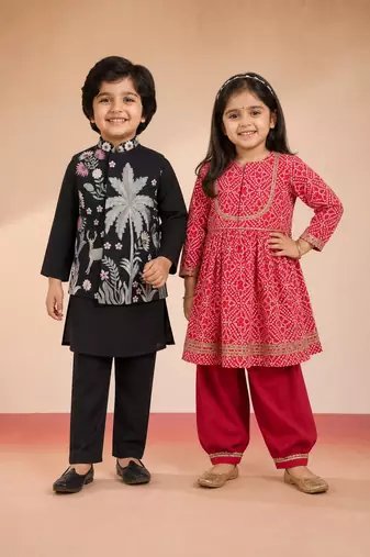 Red & black bandhani & printed cotton kurta patiala set & kurta jacket brother sister matching combo