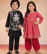 Red & black bandhani & printed cotton kurta patiala set & kurta jacket brother sister matching combo
