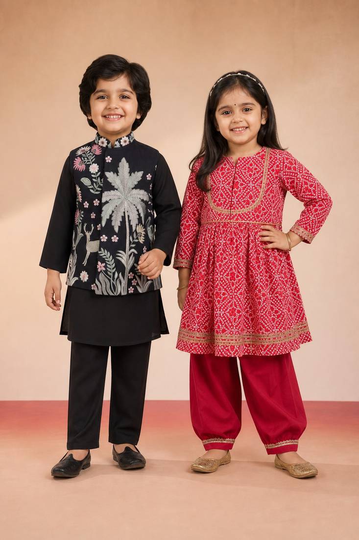 Red & black bandhani & printed cotton kurta patiala set & kurta jacket brother sister matching combo