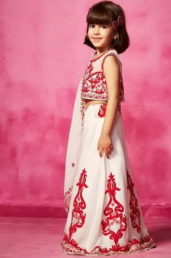 White & pink embroidered organza & satin lehenga choli & sherwani brother sister matching combo