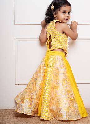 Yellow & white embroidered art silk & cotton dress & kurta jacket brother sister matching combo 2