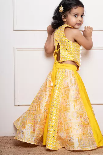 Yellow & white embroidered art silk & cotton dress & kurta jacket brother sister matching combo