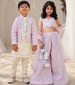 Pink & baby pink mirror work georgette sharara set & kurta jacket brother sister matching combo