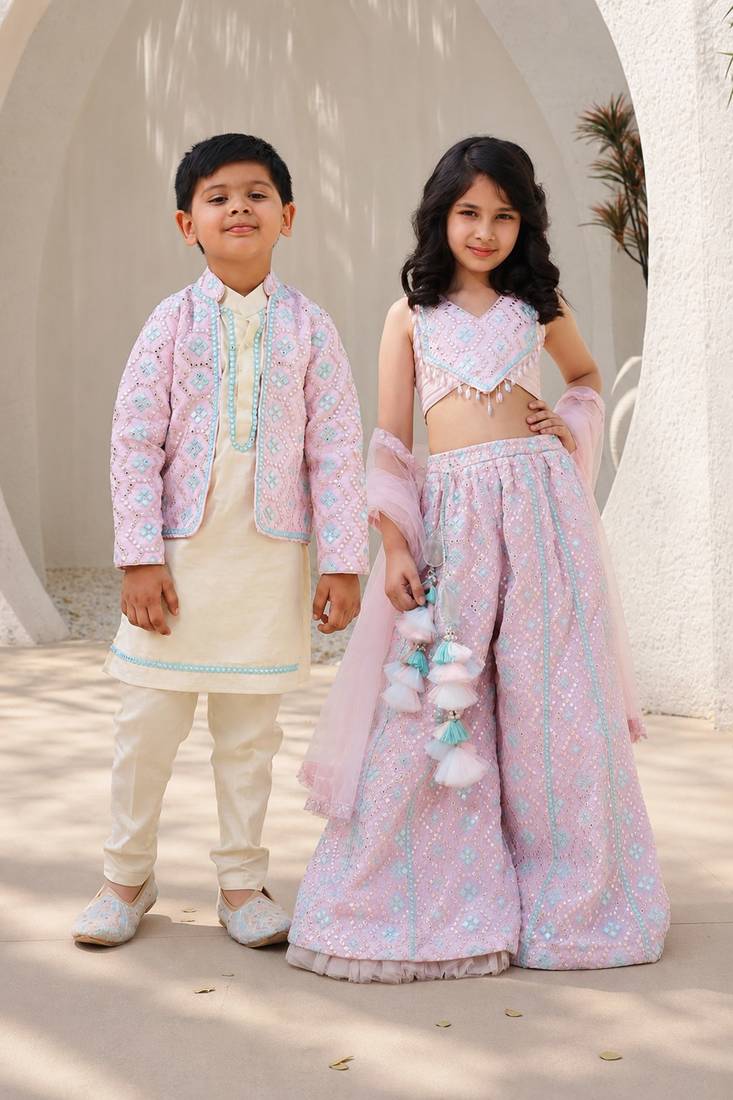 Pink & baby pink mirror work georgette sharara set & kurta jacket brother sister matching combo