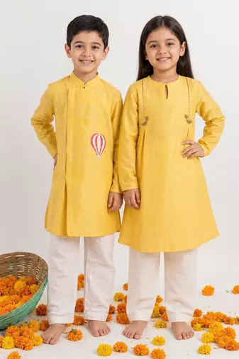 Yellow solid & embroidered cotton kurta set & kurta pant brother sister matching combo