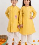 Yellow solid & embroidered cotton kurta set & kurta pant brother sister matching combo
