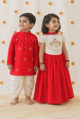 Red & white embroidered cotton lehenga choli & dhoti kurta brother sister matching combo 1