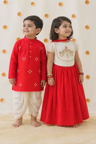 Red & white embroidered cotton lehenga choli & dhoti kurta brother sister matching combo