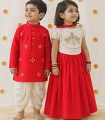 Red & white embroidered cotton lehenga choli & dhoti kurta brother sister matching combo