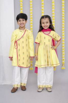 Yellow embroidered chanderi kurta set & kurta pant brother sister matching combo 1