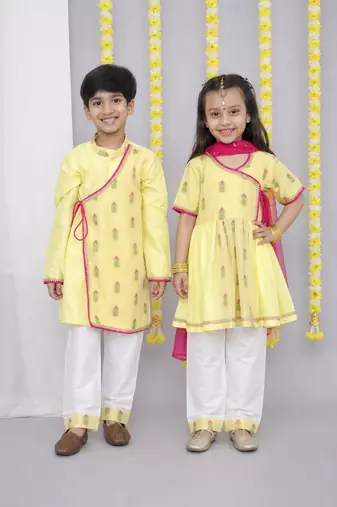 Yellow embroidered chanderi kurta set & kurta pant brother sister matching combo