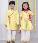 Yellow embroidered chanderi kurta set & kurta pant brother sister matching combo