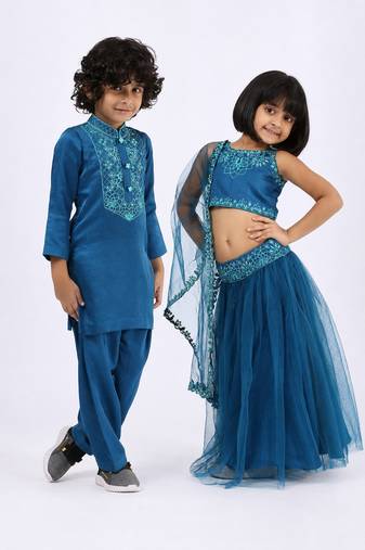 Blue embroidered & solid satin lehenga choli & kurta pant brother sister matching combo
