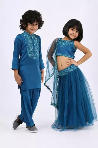 Blue embroidered & solid satin lehenga choli & kurta pant brother sister matching combo