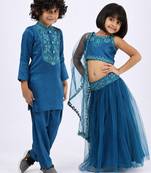 Blue embroidered & solid satin lehenga choli & kurta pant brother sister matching combo