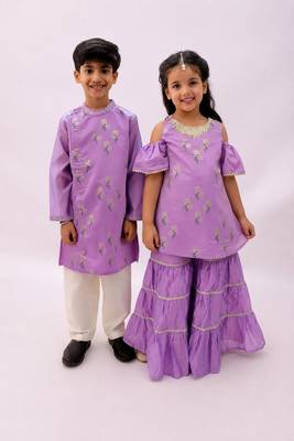 Purple printed chanderi sharara set & kurta pant brother sister matching combo 1