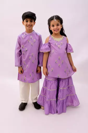 Purple printed chanderi sharara set & kurta pant brother sister matching combo