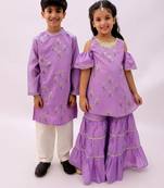 Purple printed chanderi sharara set & kurta pant brother sister matching combo