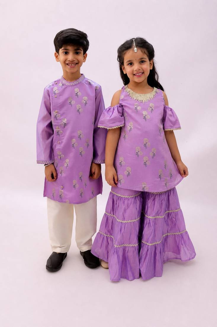Purple printed chanderi sharara set & kurta pant brother sister matching combo