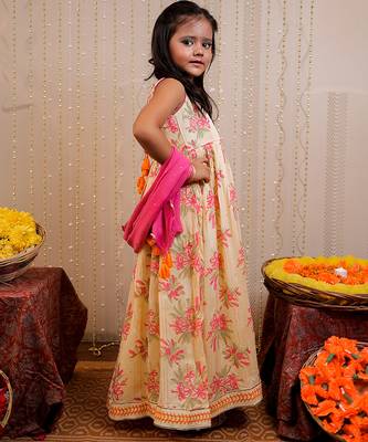 Yellow block printed crepe & cotton kurta set & kurta jacket brother sister matching combo 2