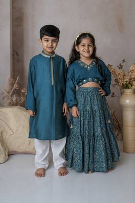 Blue handwoven cotton lehenga choli & kurta pyjama brother sister matching combo 1