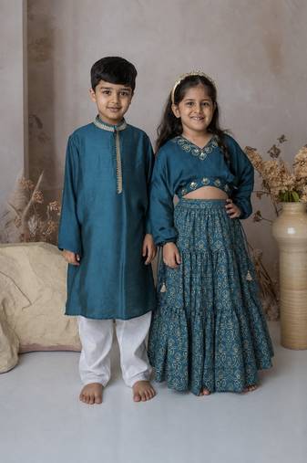 Blue handwoven cotton lehenga choli & kurta pyjama brother sister matching combo