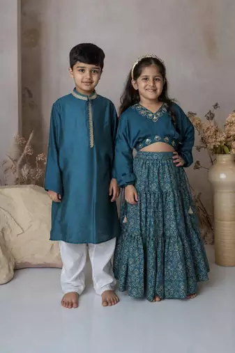 Blue handwoven cotton lehenga choli & kurta pyjama brother sister matching combo