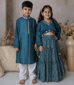 Blue handwoven cotton lehenga choli & kurta pyjama brother sister matching combo