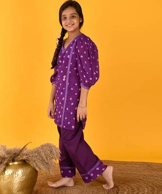 Purple printed silk & cotton palazzo set & kurta pyjama brother sister matching combo 2