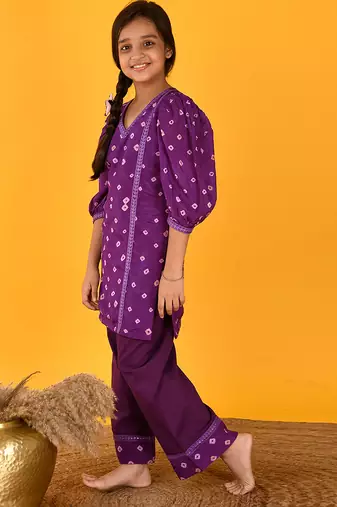 Purple printed silk & cotton palazzo set & kurta pyjama brother sister matching combo